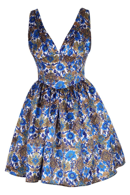 Lakicia Blue & Gold Floral Corset Dress