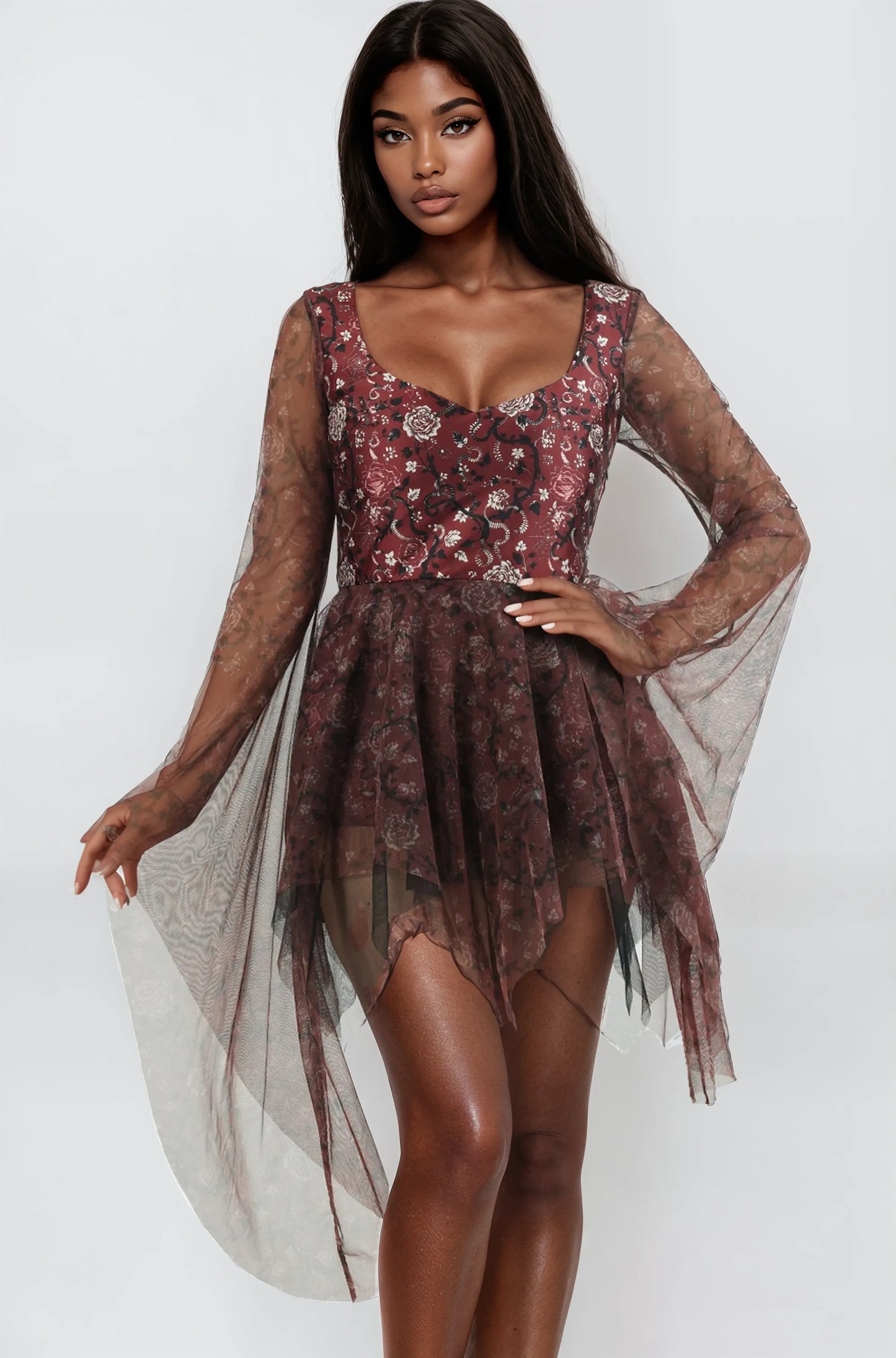 Deanne Wine Base Rose Floral Dress