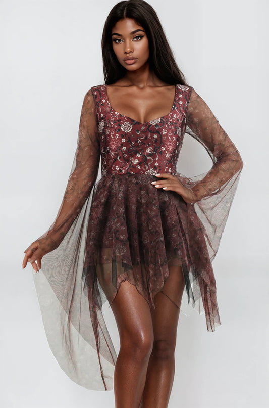 Deanne Wine Base Rose Floral Dress