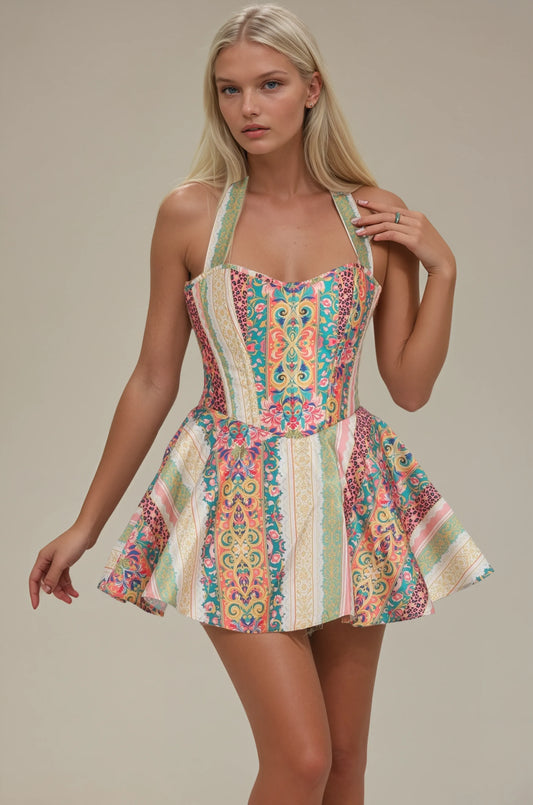 Bradie Multicolor Print Halter Corset Dress