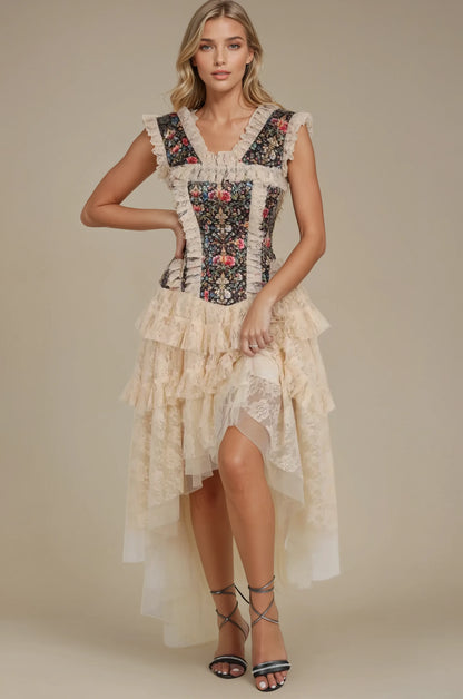 Becky Baroque Inspired Print Satin Corset Dress