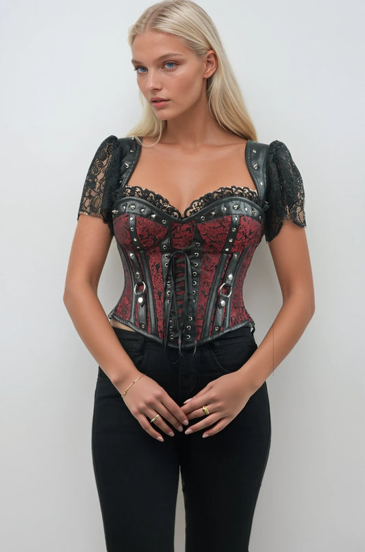Jerilyn Studs Detailing Overbust Maroon Brocade Corset