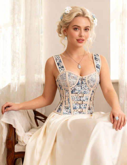 Breeana Vintage Blue Floral Overbust Corset