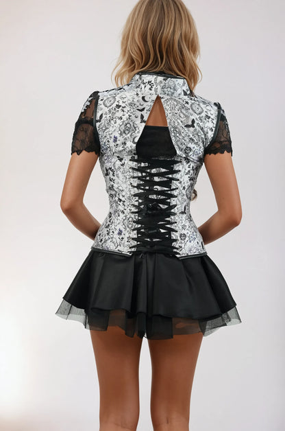 Mayble Gothic Print Corset with Lapel Halter Strap
