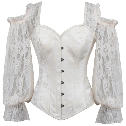 Letticia Ivory Brocade Overbust Corset with Lace Sleeves